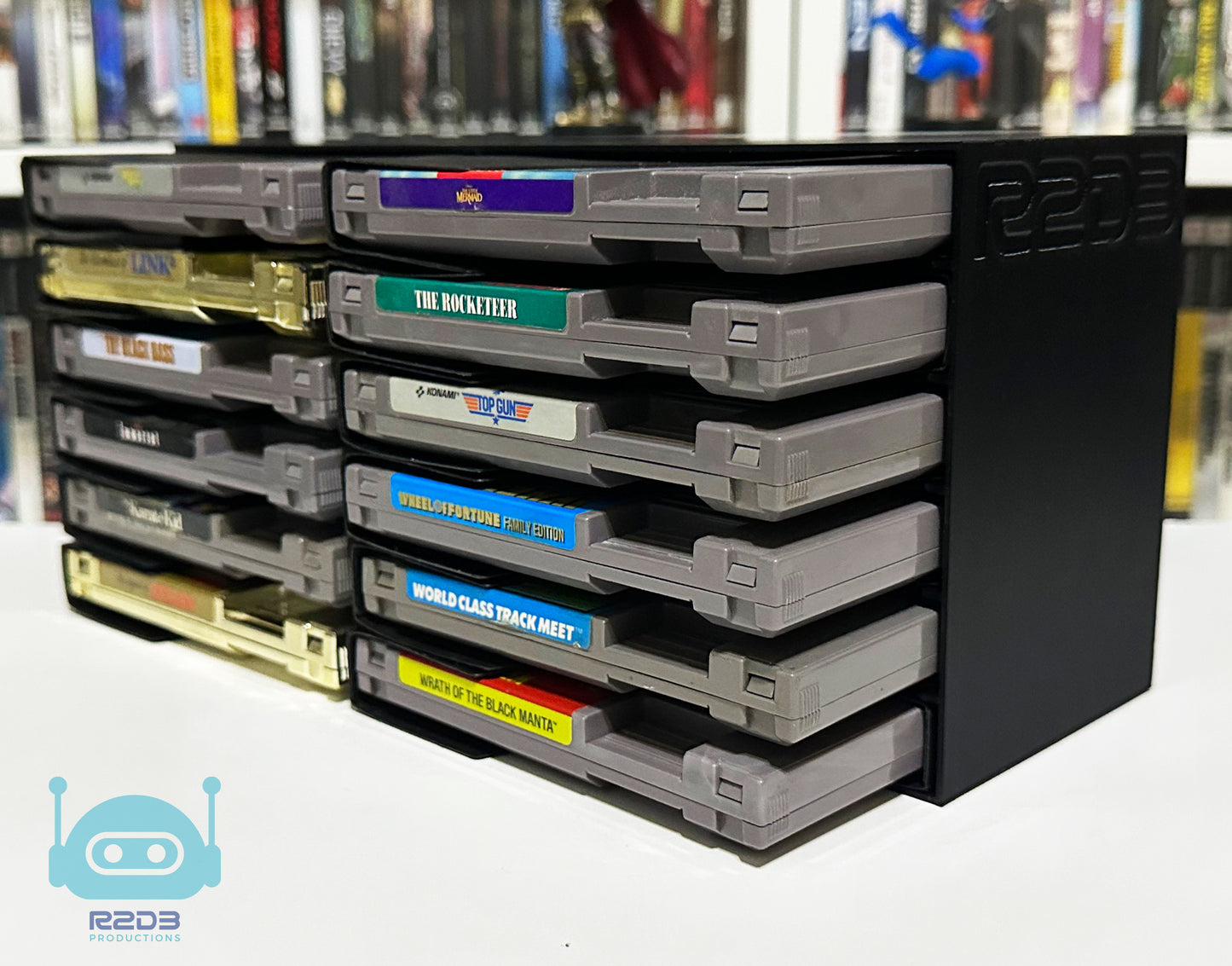 R2D3 Rack Display for Nintendo Entertainment System NES in DUST SLEEVES games (1 to 24 Cartridges)