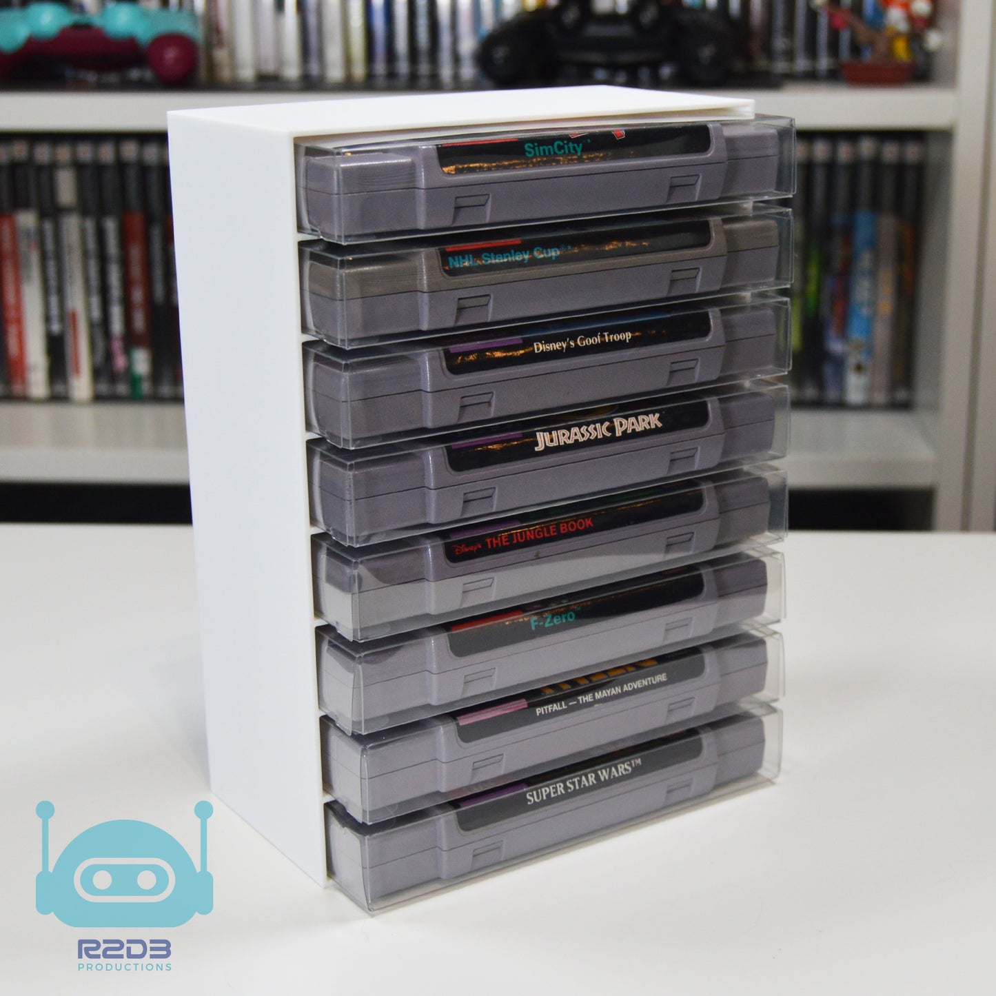 R2D3 Nintendo Super Nintendo SNES Rack Display with PET Game Protectors Included (1 to 22 Cartridges)