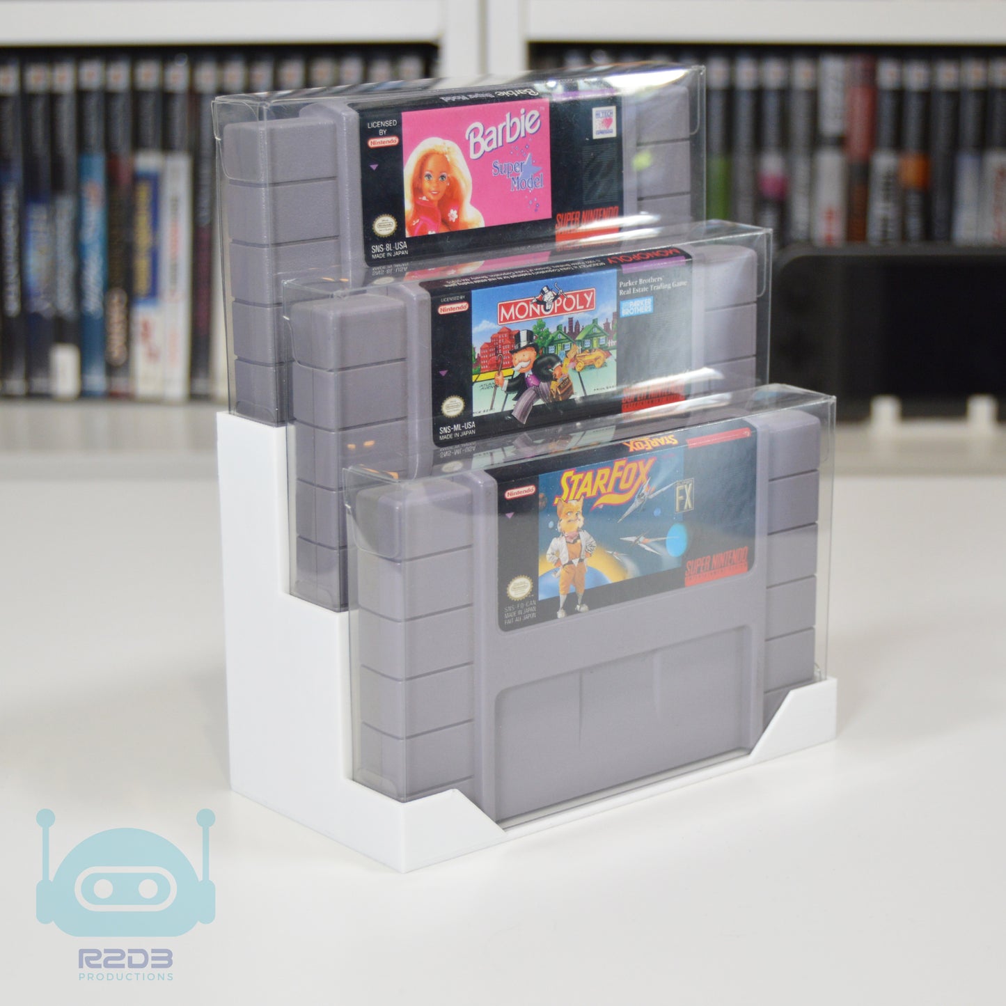 R2D3 Super Nintendo SNES Game Display with PET Game Protectors Included (1 to 16 Cartridges)