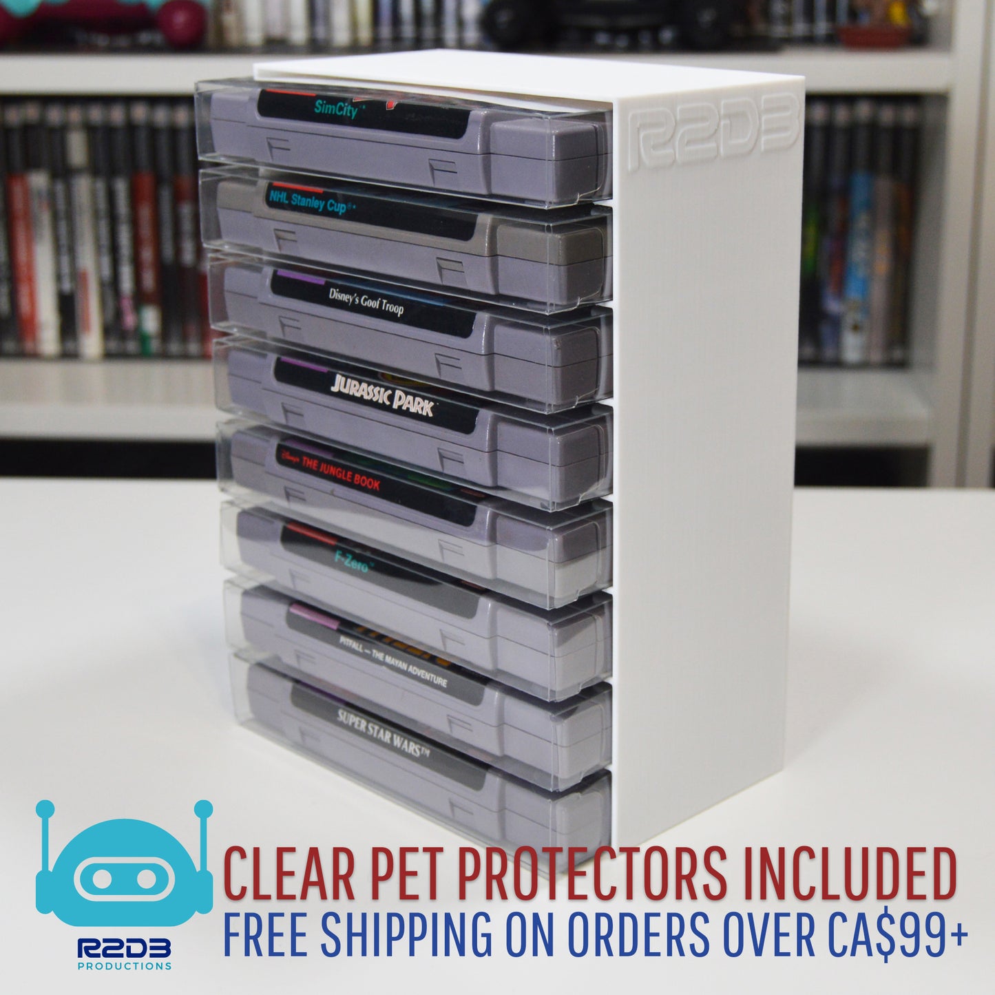 R2D3 Nintendo Super Nintendo SNES Rack Display with PET Game Protectors Included (1 to 22 Cartridges)